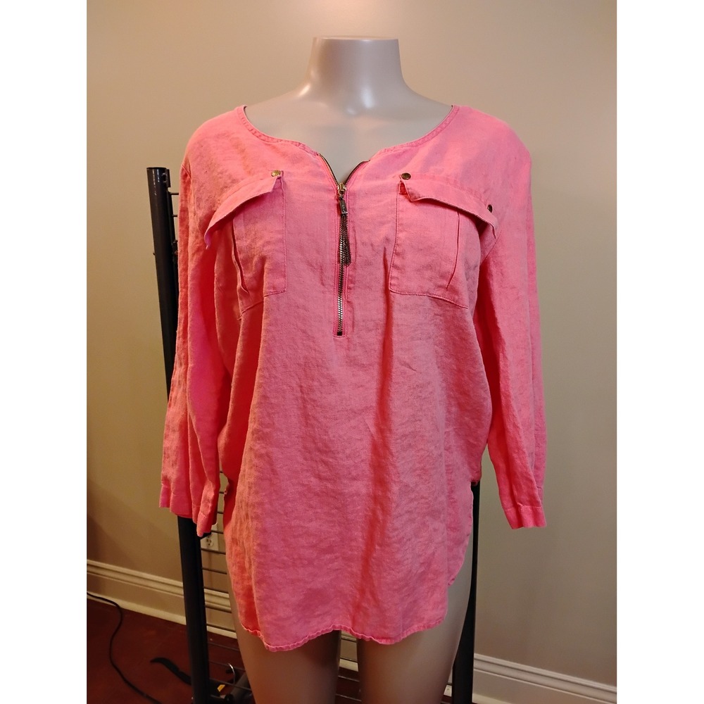Ellen Tracy Pink 100% Linen Zip Front Tunic Blouse Pockets Size M